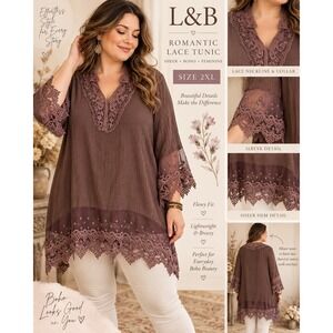 L&B 2XL Brown Lace Tunic Top Romantic Boho Sheer Hem Lagenlook Plus Size